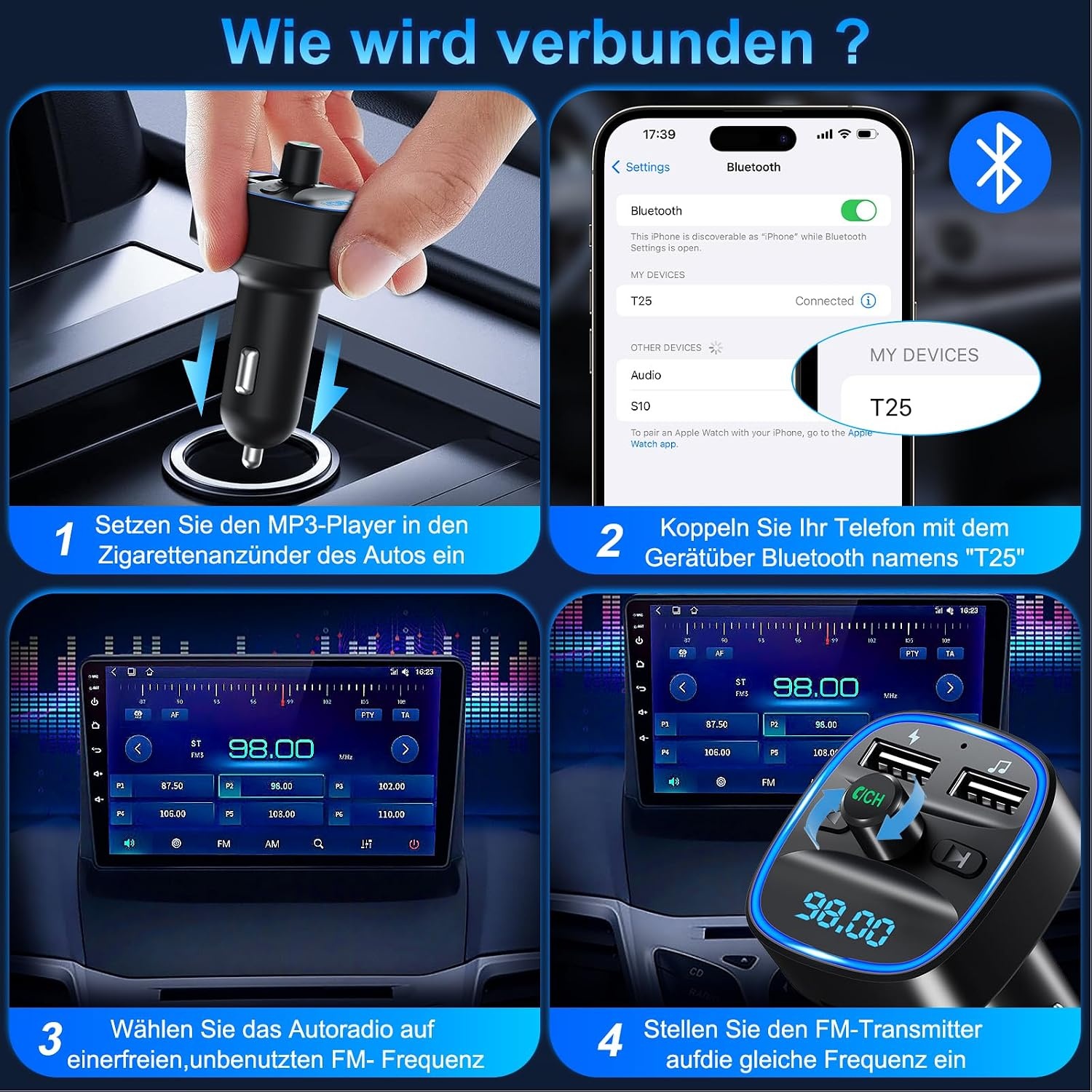 Bluetooth 5.3 FM-zender Auto met Dubbele USB & Handsfree