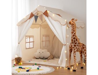 Besrey 2-in-1 Kindertent met Speelmat en Verlichting - Beige - 130x90x130 cm