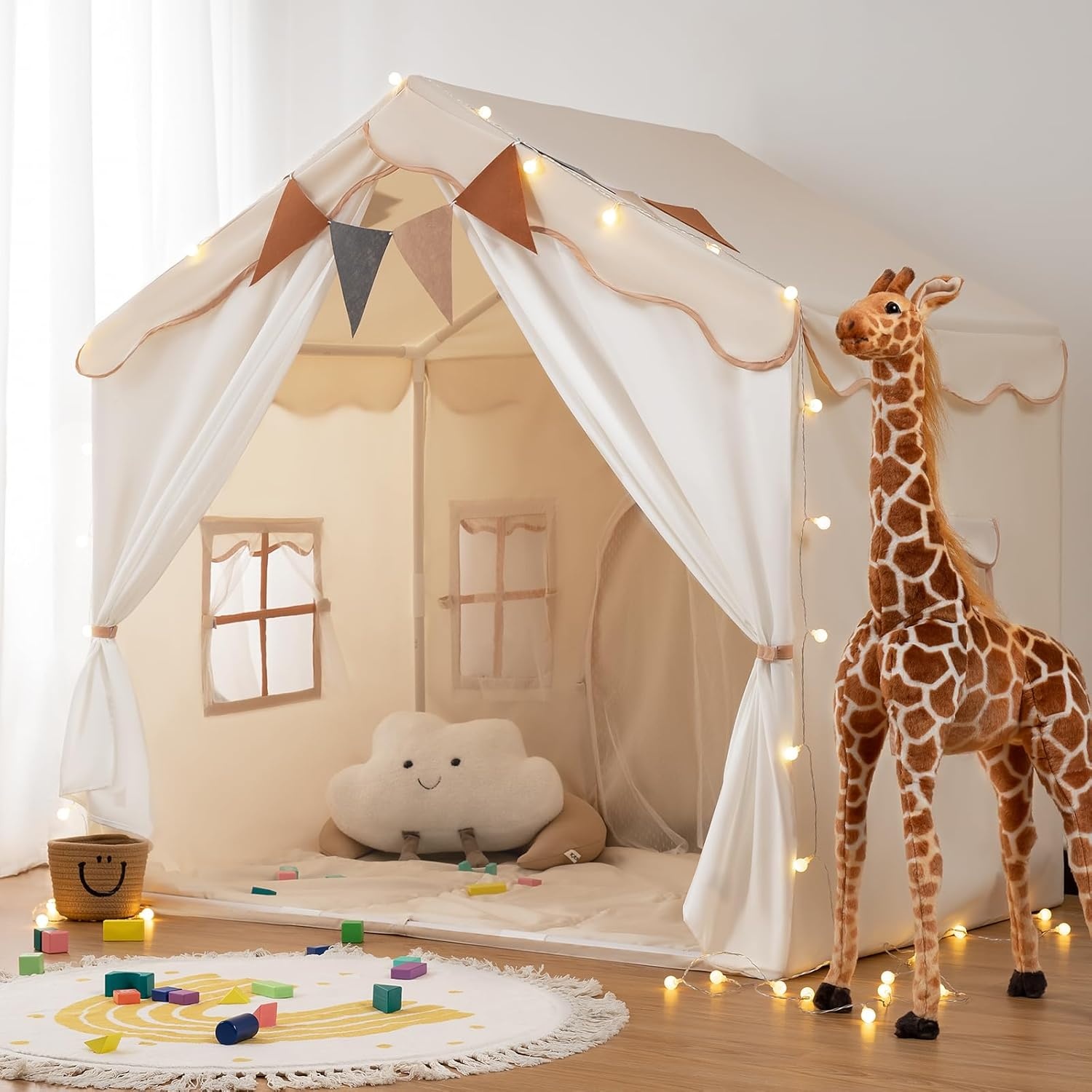 Besrey 2-in-1 Kindertent met Speelmat en Verlichting - Beige - 130x90x130 cm