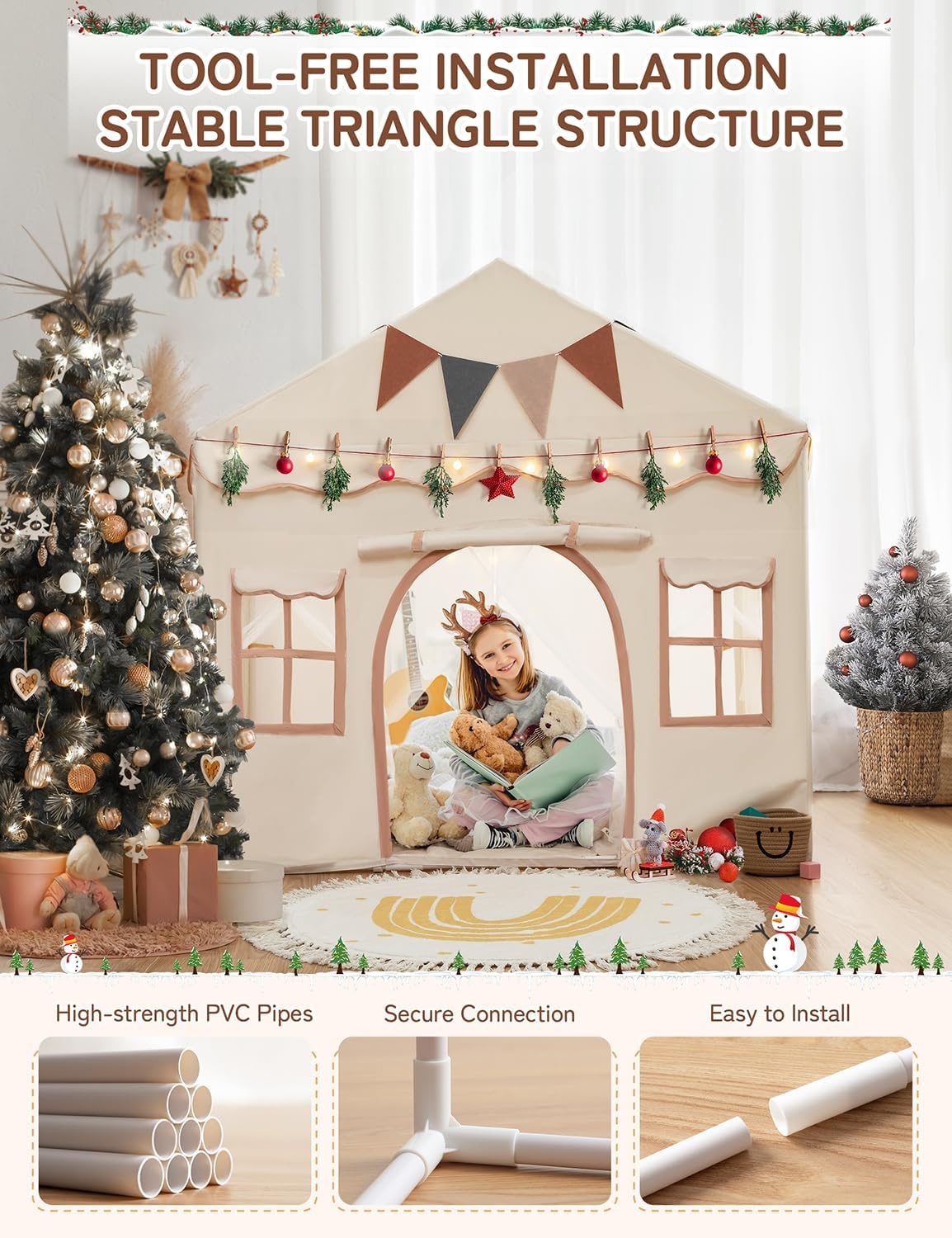 Besrey 2-in-1 Kindertent met Speelmat en Verlichting - Beige - 130x90x130 cm