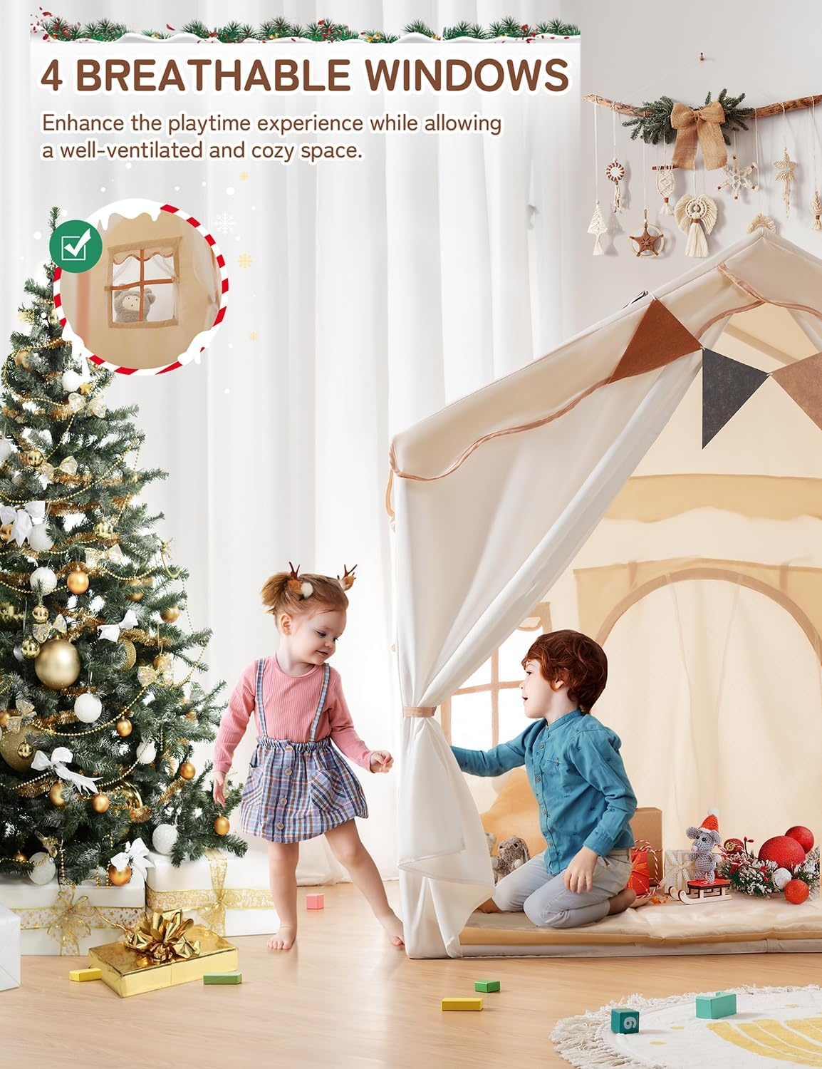 Besrey 2-in-1 Kindertent met Speelmat en Verlichting - Beige - 130x90x130 cm