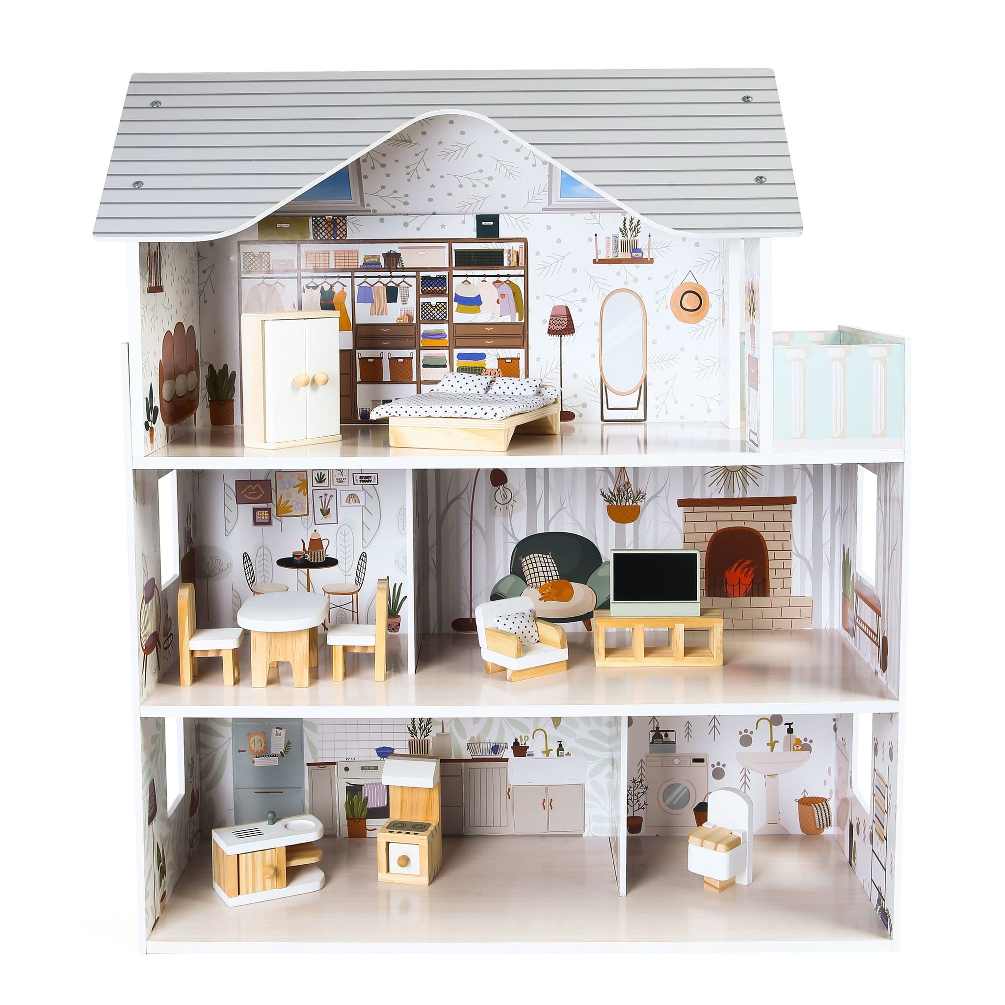Poppenhuis Emma - hout - 60x24x70 cm - 3 verdiepingen - grijs