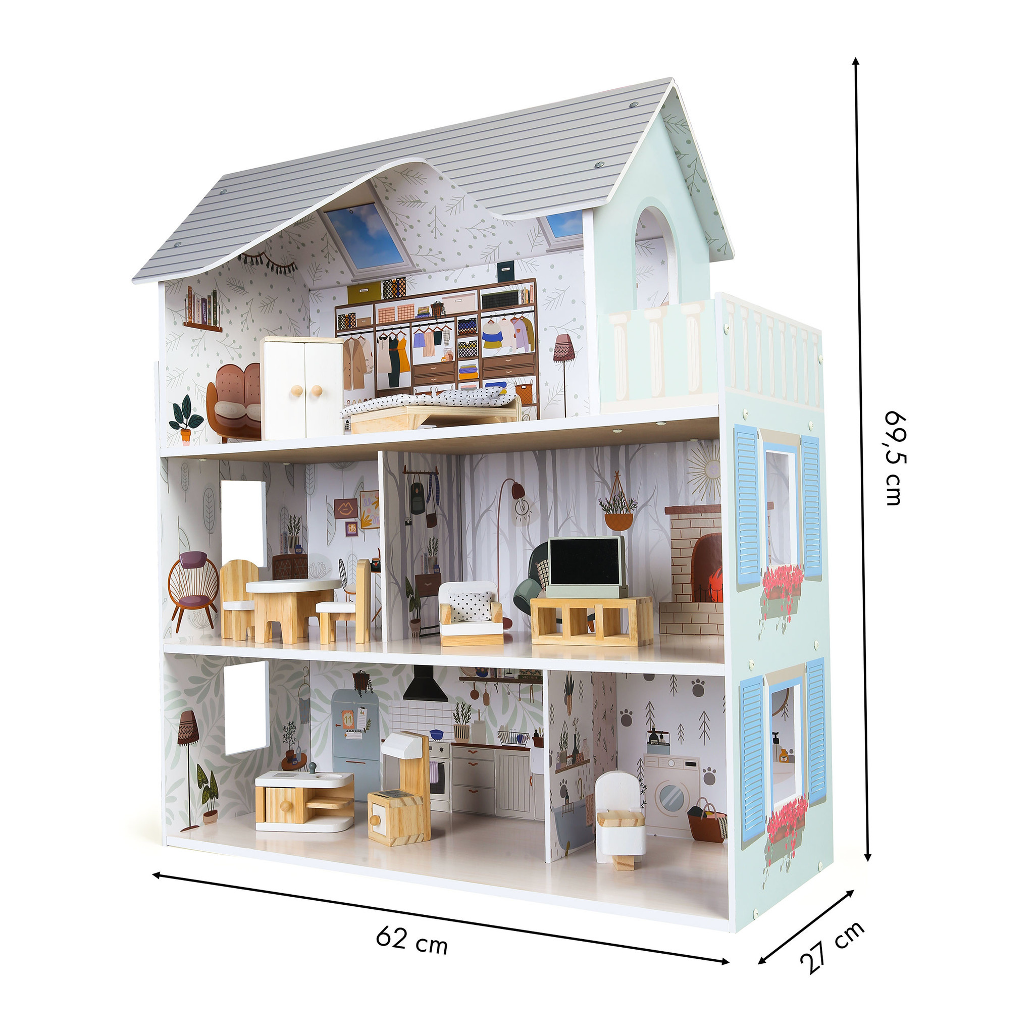 Poppenhuis Emma - hout - 60x24x70 cm - 3 verdiepingen - grijs