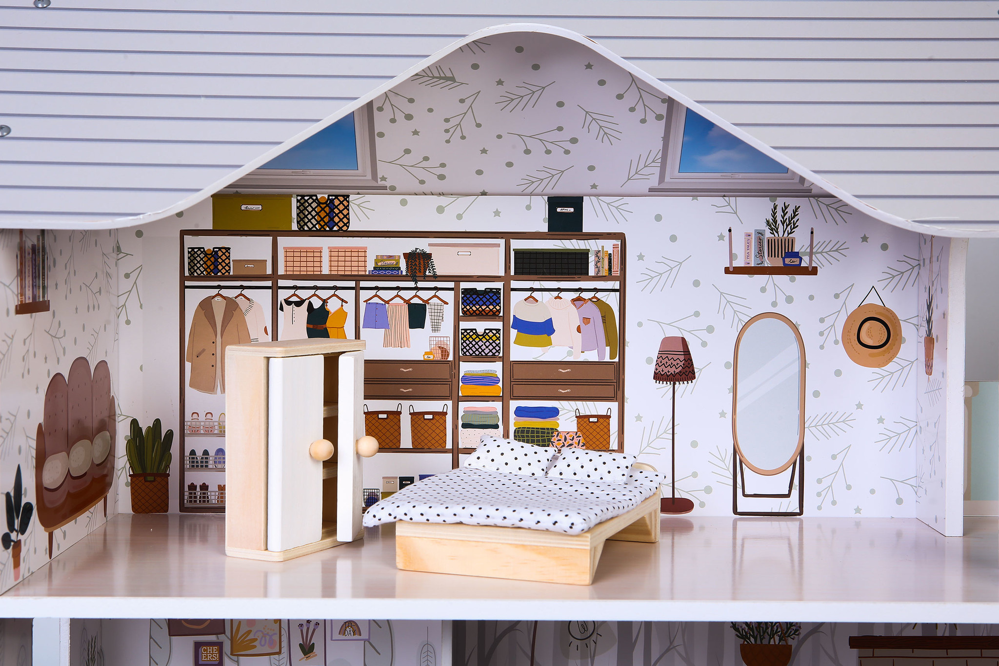 Poppenhuis Emma - hout - 60x24x70 cm - 3 verdiepingen - grijs