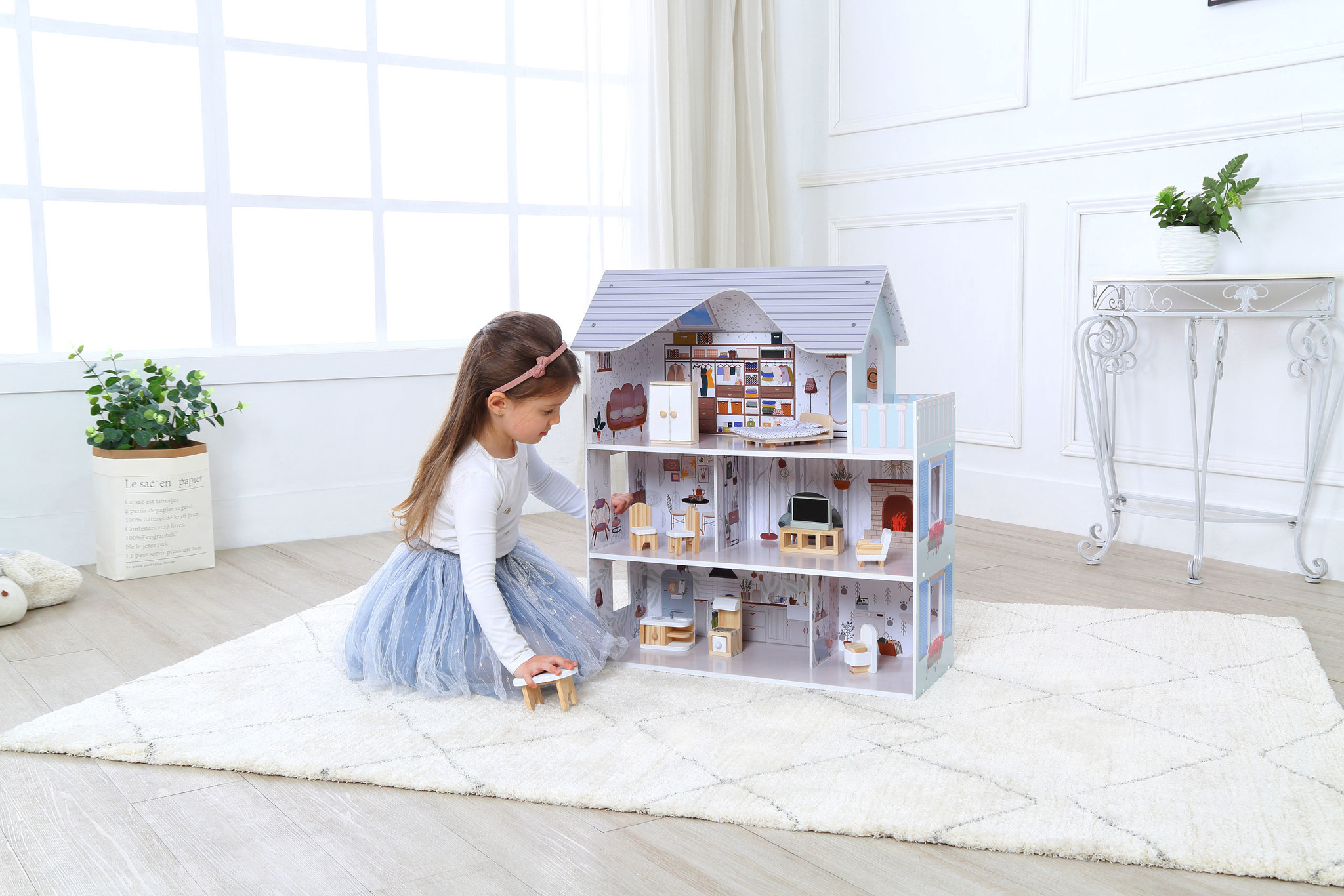Poppenhuis Emma - hout - 60x24x70 cm - 3 verdiepingen - grijs