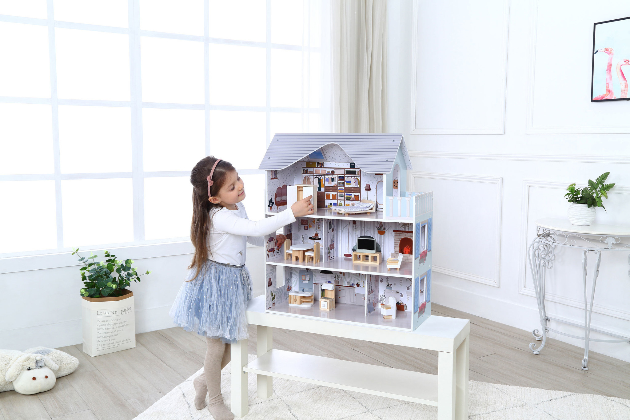 Poppenhuis Emma - hout - 60x24x70 cm - 3 verdiepingen - grijs