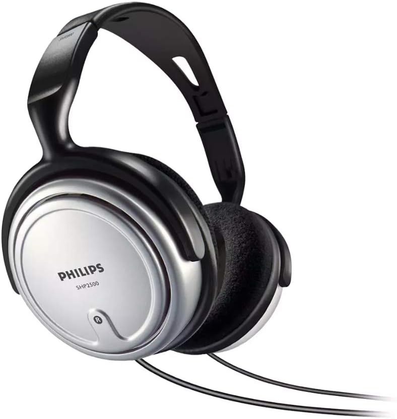 Philips Audio SHP2500/10 HiFi TV-hoofdtelefoon, uitstekend geluid, geluidsisolatie, ideale pasvorm, volumeregeling, extra lange kabel van 6 m, zilver/zwart, verstelbare hoofdband