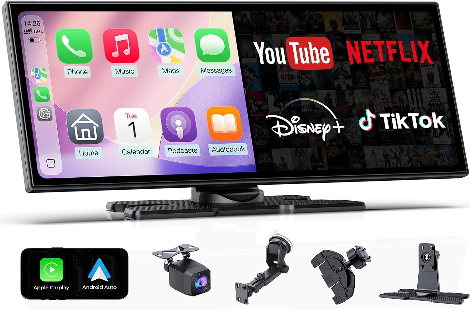 Wonsidary 11.26 inch Draadloos CarPlay & Android Auto Scherm met 1080P Camera