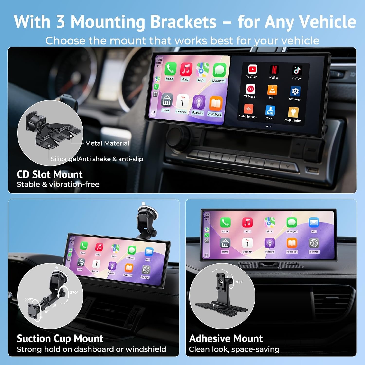 Wonsidary 11.26 inch Draadloos CarPlay & Android Auto Scherm met 1080P Camera