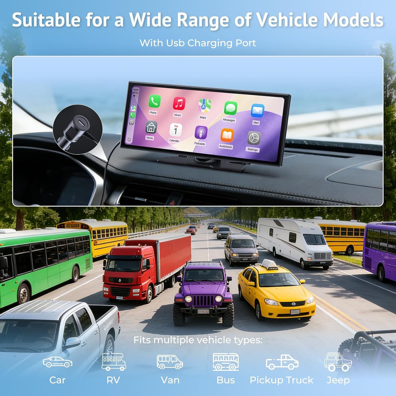 Wonsidary 11.26 inch Draadloos CarPlay & Android Auto Scherm met 1080P Camera