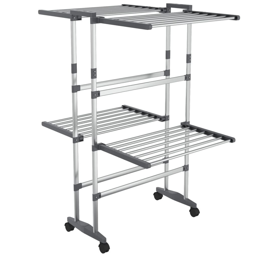 vidaXL Droogrek 2-laags met wieltjes 60x70x106 cm zilverkleurig