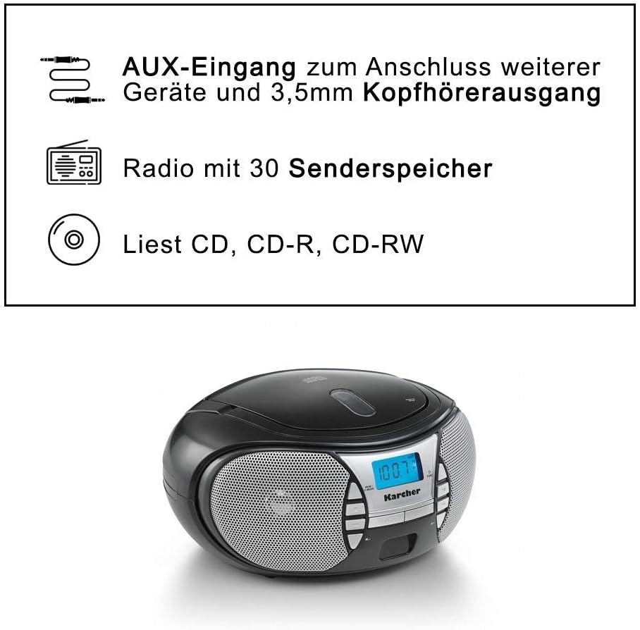 Karcher Rr 5025-B, Draagbare CD-Radio (Cd-Player, Fm-Radio, Oplader En Netvoeding, Aux-In), Zwart