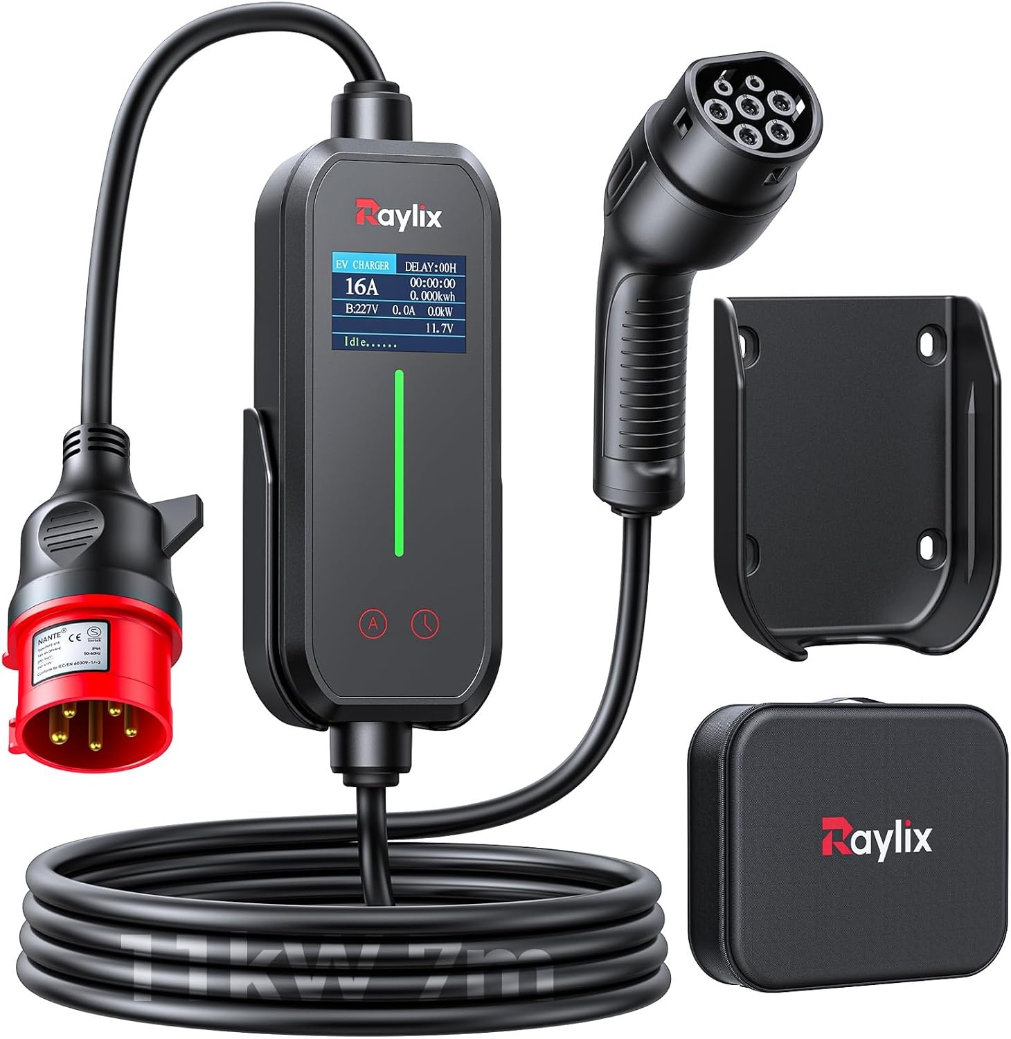 Raylix 2026 nieuwe 11kW mobiele Wallbox type 2 oplaadkabel (7 m 6A-16A 3-fase) met stroommeter en instelbare stroom en vertraagd opladen, oplaadkabel CEE 16A naar type 2 en laadstation laadbaksteen EV