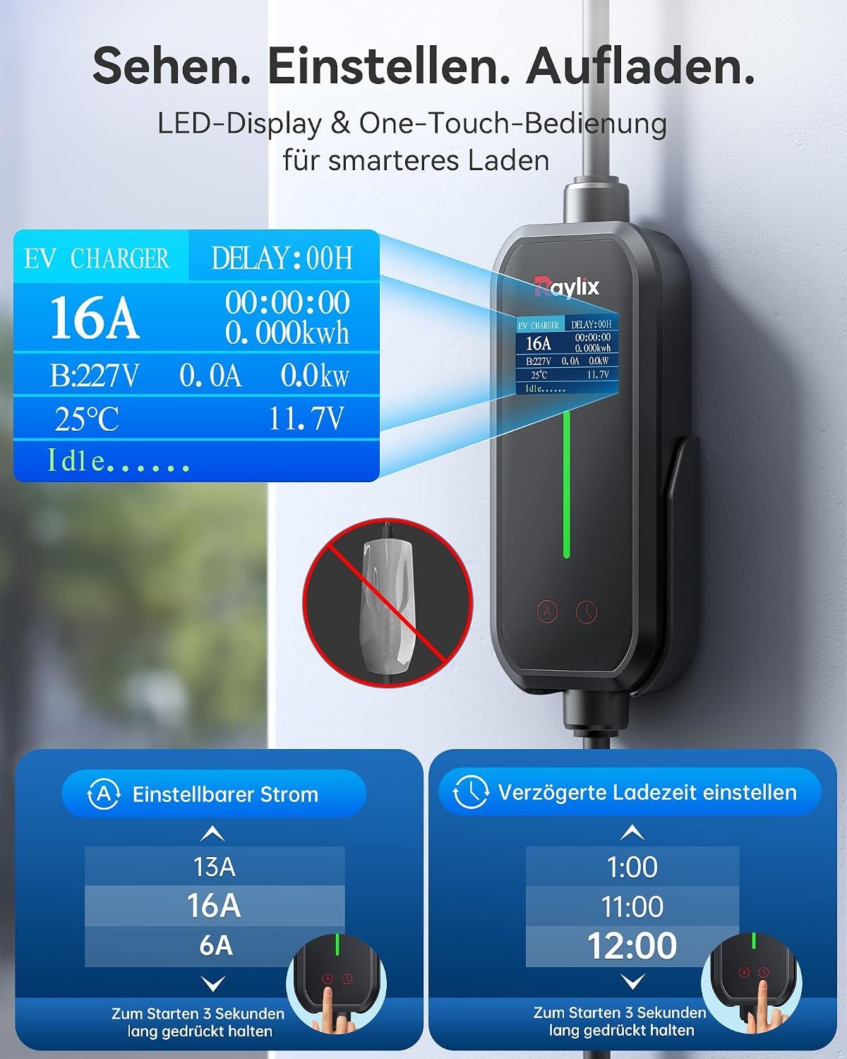 Raylix 2026 nieuwe 11kW mobiele Wallbox type 2 oplaadkabel (7 m 6A-16A 3-fase) met stroommeter en instelbare stroom en vertraagd opladen, oplaadkabel CEE 16A naar type 2 en laadstation laadbaksteen EV