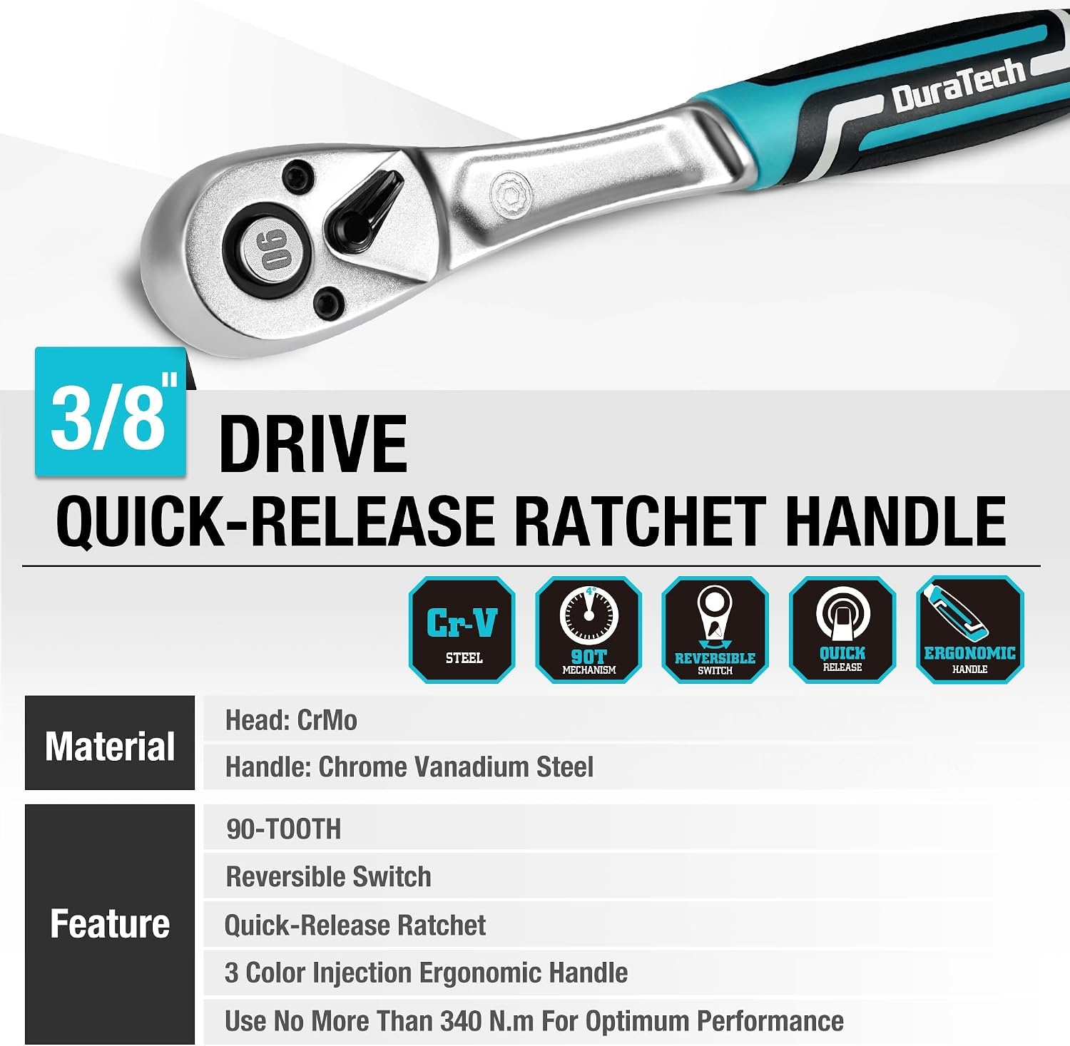 DURATECH Ratchet Handle, 3/8" Square Drive, Reversible Ratchet 90-Teeth, Made of Chrome Vanadium Steel, Small Actuation Angle 4° for Tight Installation Spaces