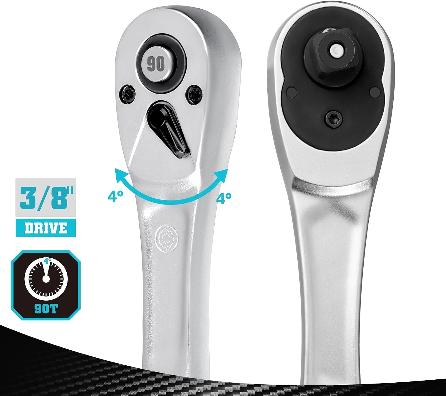 DURATECH Ratchet Handle, 3/8" Square Drive, Reversible Ratchet 90-Teeth, Made of Chrome Vanadium Steel, Small Actuation Angle 4° for Tight Installation Spaces