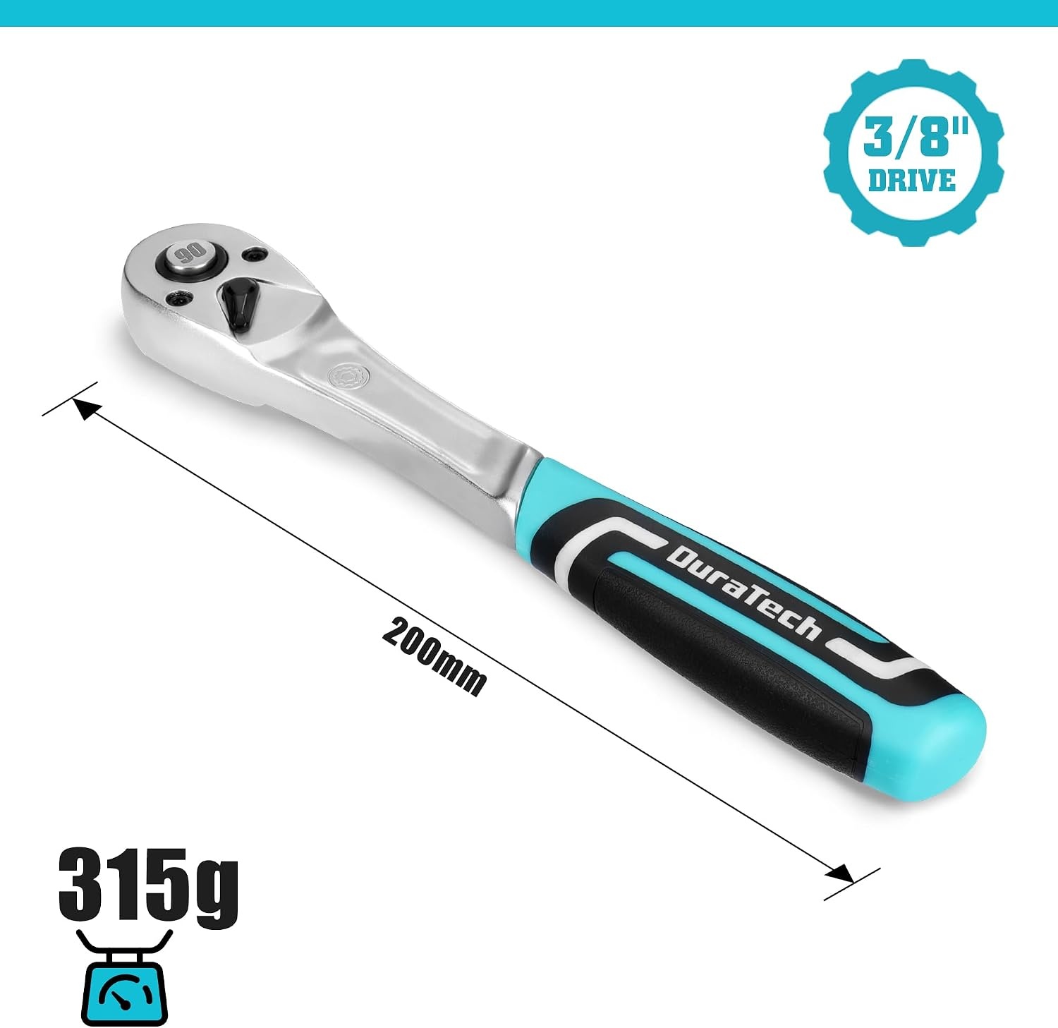 DURATECH Ratchet Handle, 3/8" Square Drive, Reversible Ratchet 90-Teeth, Made of Chrome Vanadium Steel, Small Actuation Angle 4° for Tight Installation Spaces