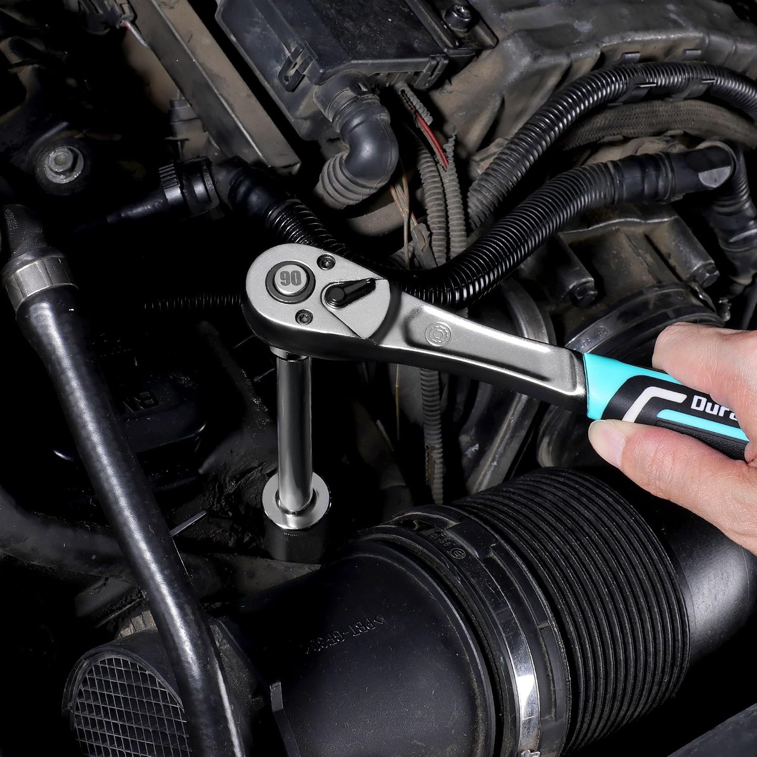 DURATECH Ratchet Handle, 3/8" Square Drive, Reversible Ratchet 90-Teeth, Made of Chrome Vanadium Steel, Small Actuation Angle 4° for Tight Installation Spaces