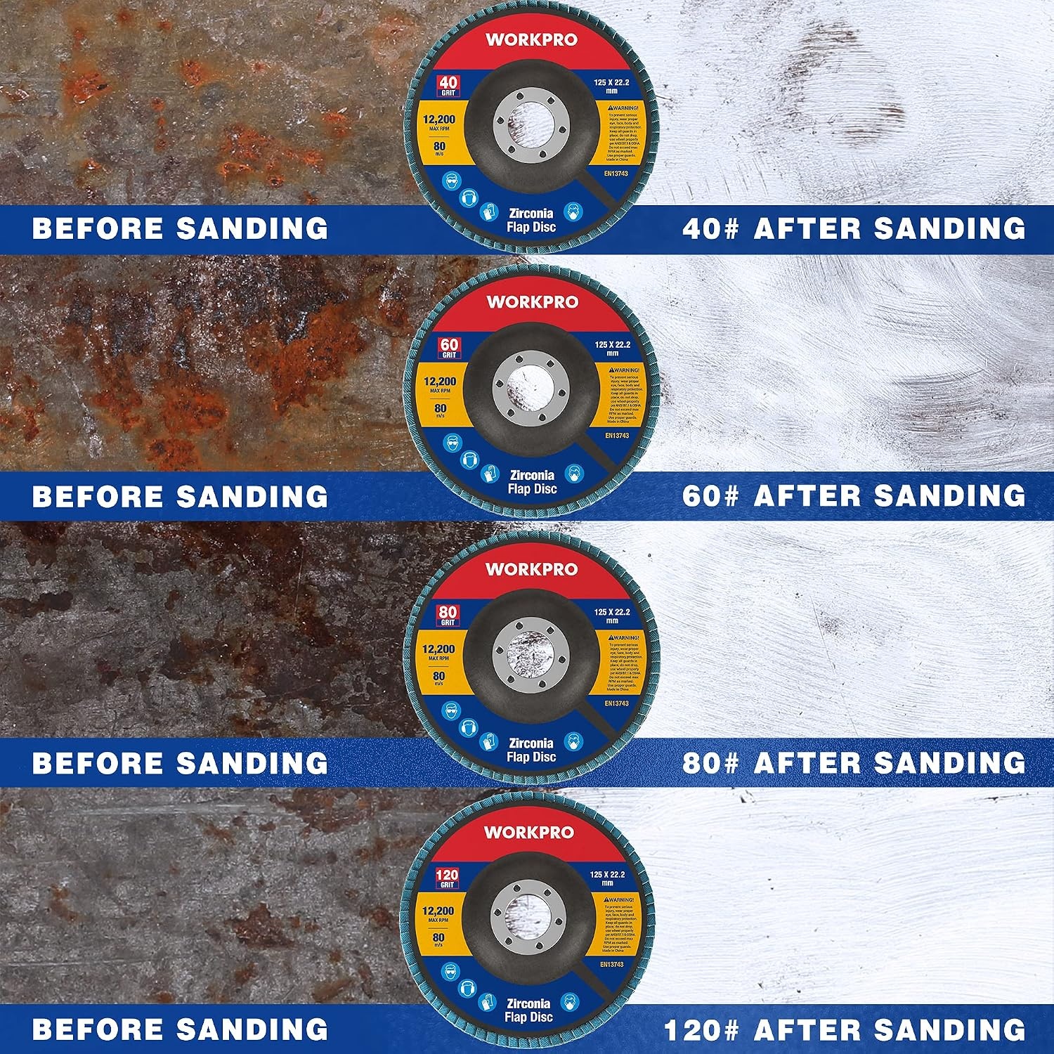 WORKPRO Impeller Discs 10 pieces Ø 125 mm x 22.2 mm Sanding disc Slat grinding disc - grit 40/60/80/120 - blue standard grinding mop plate for stainless steel, metal and wood