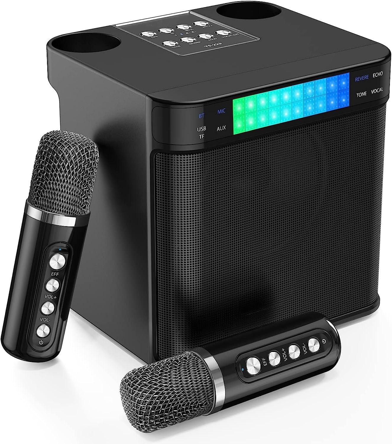 Karaoke machine voor volwassenen/kinderen karaoke set met 2 draadloze microfoons, 2023 opgewaardeerd draagbaar Bluetooth karaoke mic PA-luidspreker systeem met LED-licht, ondersteuning TF/USB/AUX, zangmachine voor feesten