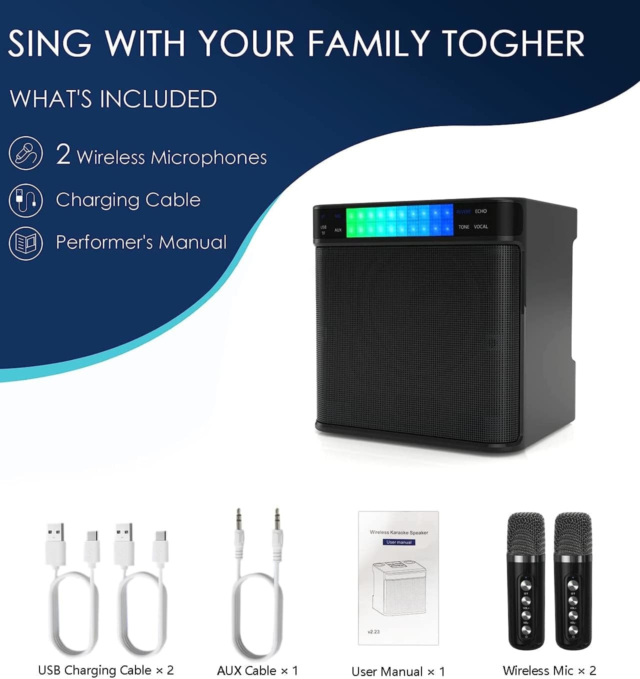 Karaoke machine voor volwassenen/kinderen karaoke set met 2 draadloze microfoons, 2023 opgewaardeerd draagbaar Bluetooth karaoke mic PA-luidspreker systeem met LED-licht, ondersteuning TF/USB/AUX, zangmachine voor feesten