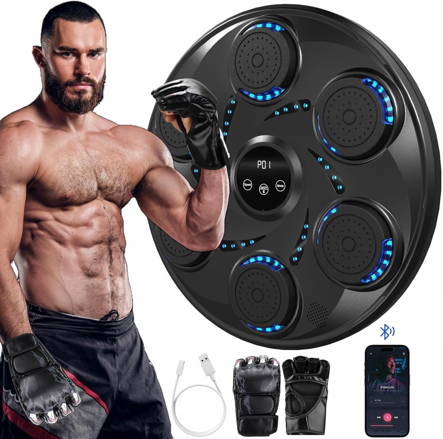 Music Boxing Machine with Boxing Gloves, 18.9'' Intelligent Boxing Trainer with Bluetooth, Electronic Boxing Machine for Wall Mounting with 9 Speed Modes and Counting Mode