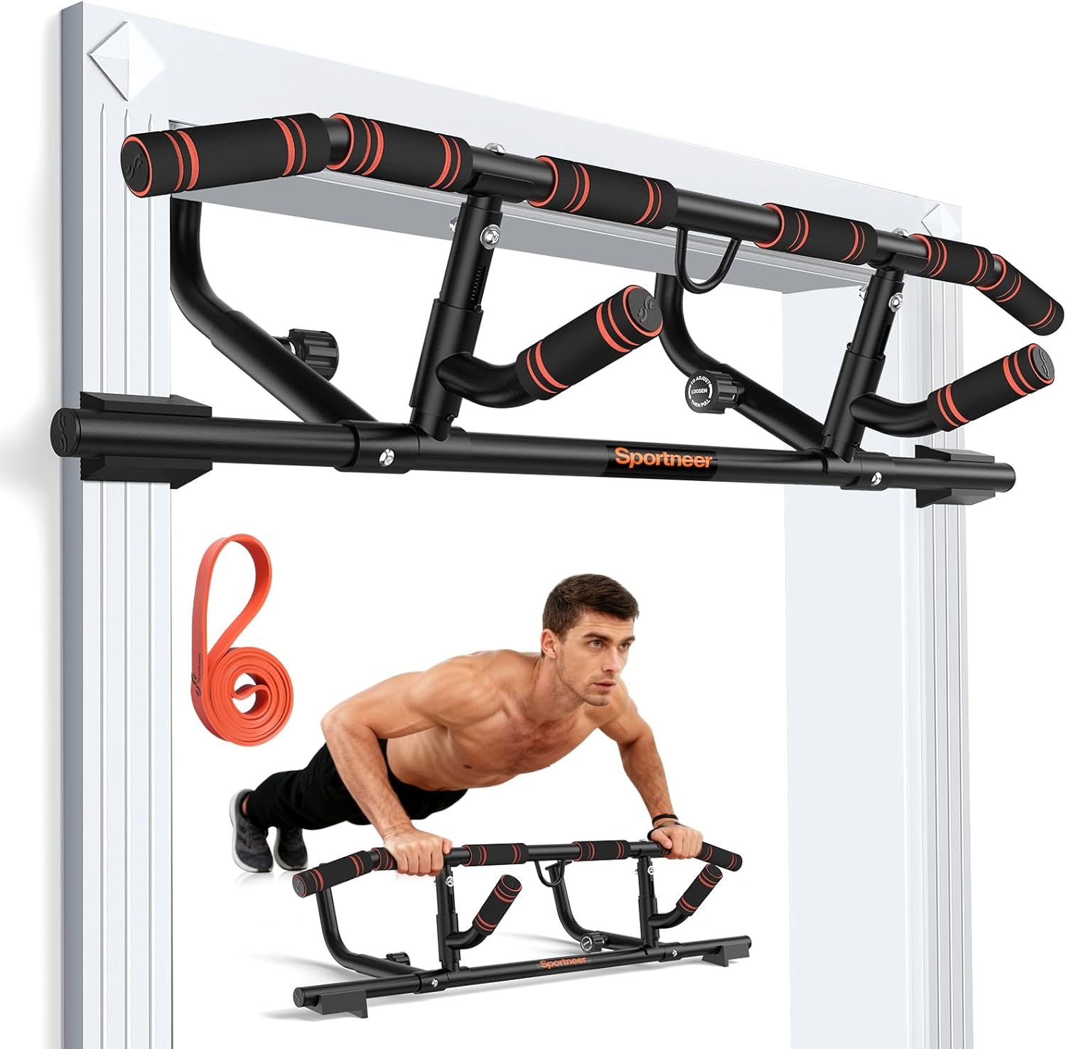 Sportneer Deurkozijn, optrekstang voor deuropening, kinopstang met inklapbare handgreep, kinopstang voor krachttraining voor bovenlichaam fitness tot 200 kg capaciteit