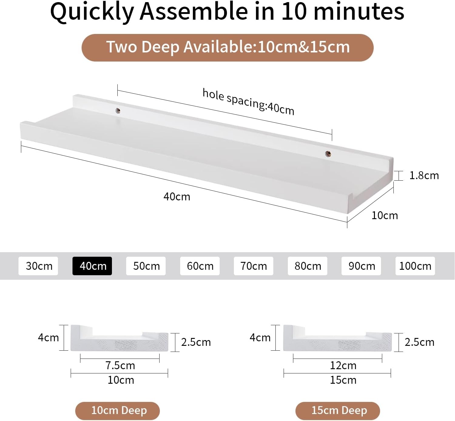 Set van 2 Massief Eiken Wandplanken Wit - 40 cm - Met Opstaande Rand