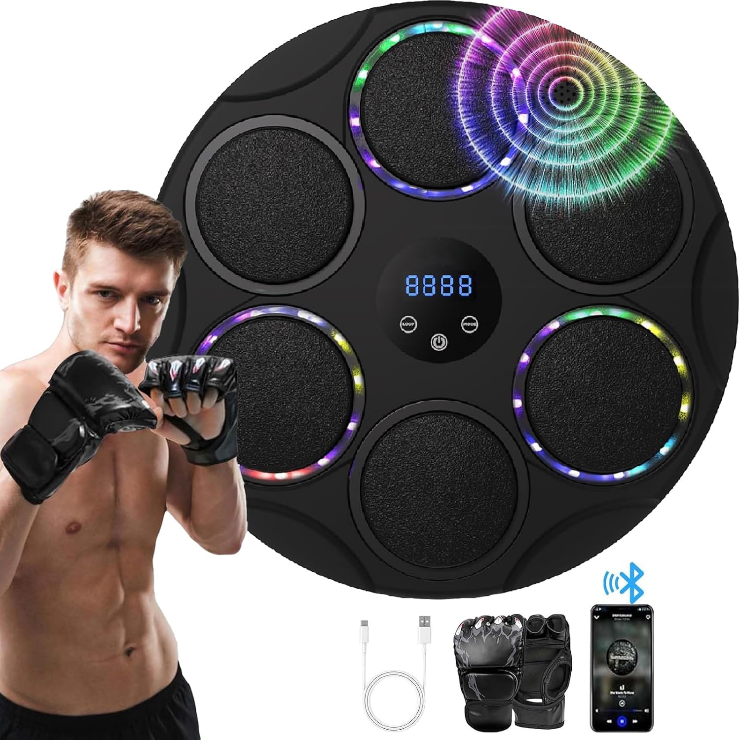 Music Boxing Machine met bokshandschoenen, kleurrijke led-smart-bluetooth-muziek-bokstrainer, elektronische boksmachine voor wandmontage met 9 snelheidsmodi en telmodus