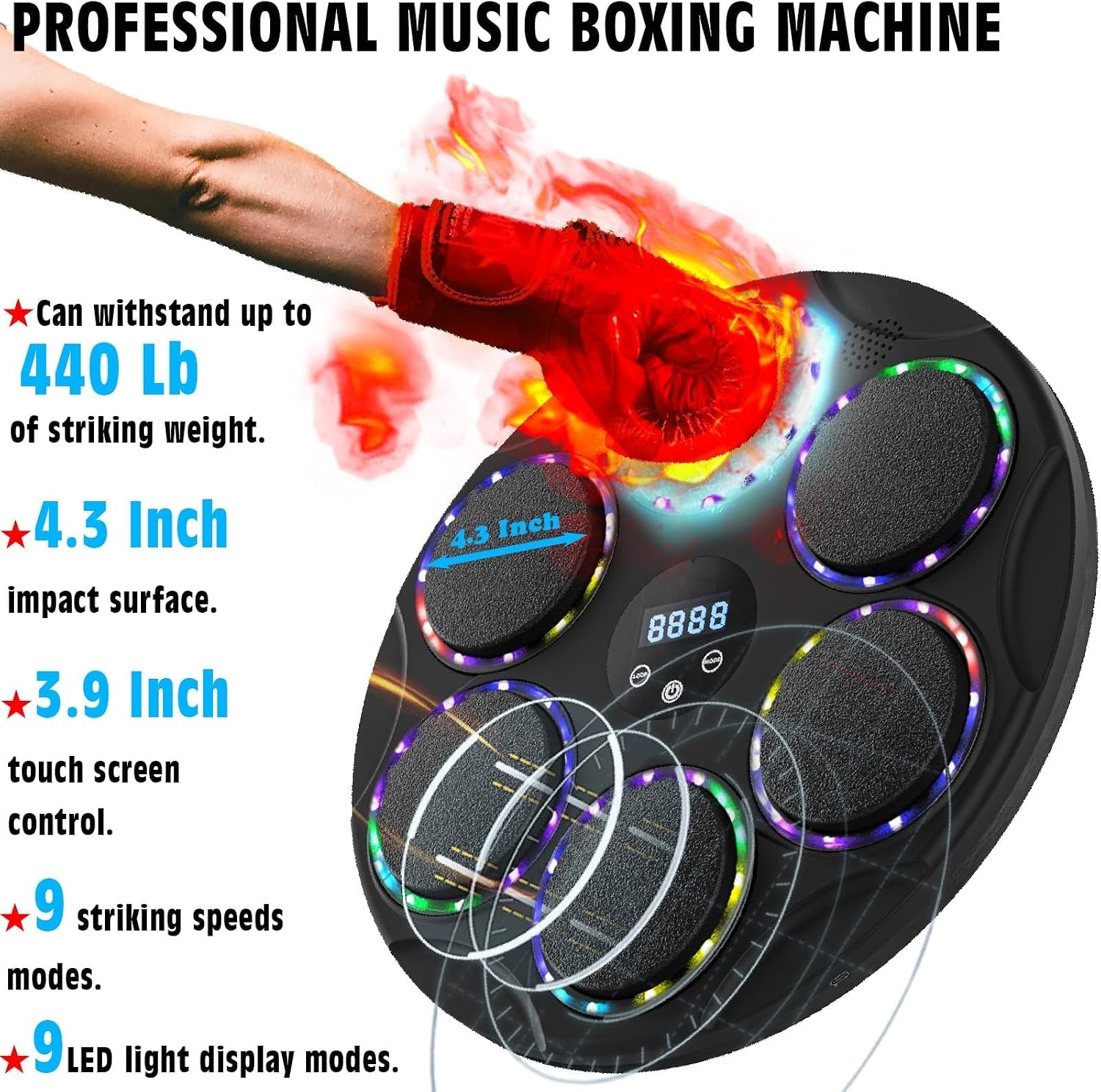 Music Boxing Machine met bokshandschoenen, kleurrijke led-smart-bluetooth-muziek-bokstrainer, elektronische boksmachine voor wandmontage met 9 snelheidsmodi en telmodus