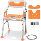 DEWEL Douchestoel Voor Ouderen, Opvouwbaar, In Hoogte Verstelbaar, Anti-Slip Douchestoel Voor Mindervaliden, Met Douchesteun, Montage Zonder Gereedschap, Belastbaar Tot 150 Kg (Oranje, Large)