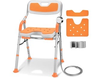 DEWEL Douchestoel Voor Ouderen, Opvouwbaar, In Hoogte Verstelbaar, Anti-Slip Douchestoel Voor Mindervaliden, Met Douchesteun, Montage Zonder Gereedschap, Belastbaar Tot 150 Kg (Oranje, Large)