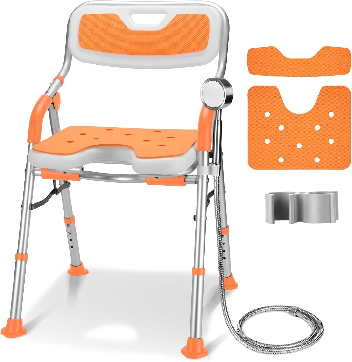 DEWEL Douchestoel Voor Ouderen, Opvouwbaar, In Hoogte Verstelbaar, Anti-Slip Douchestoel Voor Mindervaliden, Met Douchesteun, Montage Zonder Gereedschap, Belastbaar Tot 150 Kg (Oranje, Large)