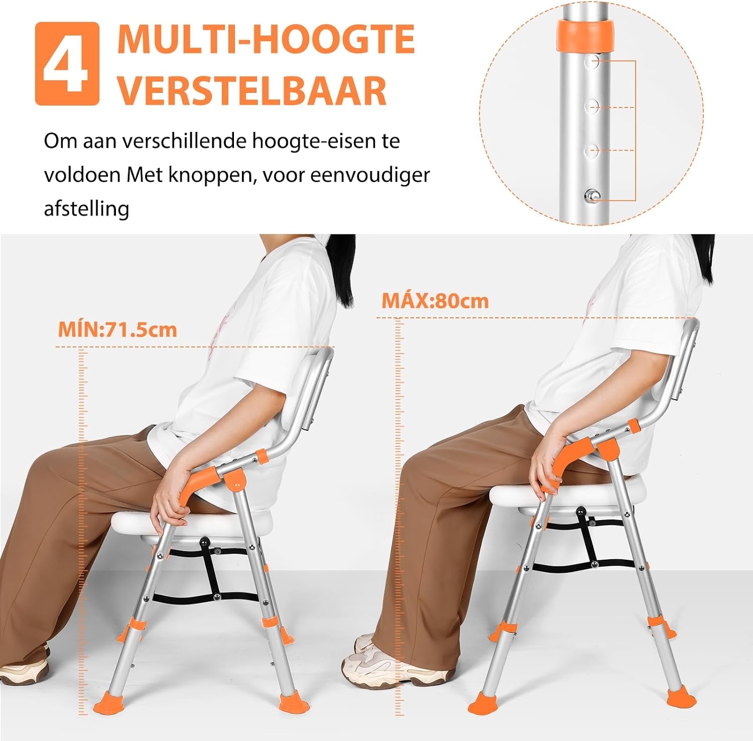 DEWEL Douchestoel Voor Ouderen, Opvouwbaar, In Hoogte Verstelbaar, Anti-Slip Douchestoel Voor Mindervaliden, Met Douchesteun, Montage Zonder Gereedschap, Belastbaar Tot 150 Kg (Oranje, Large)