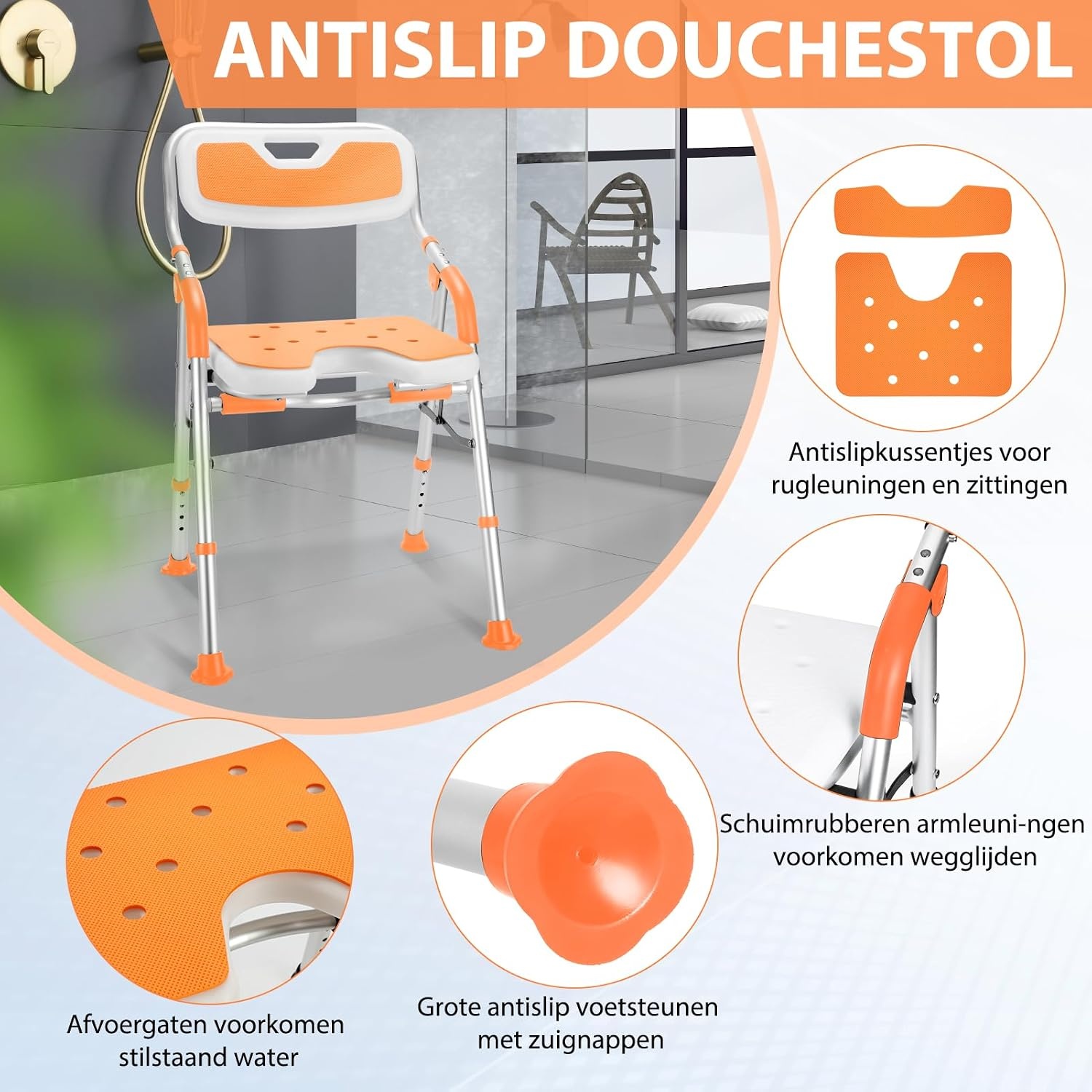 DEWEL Douchestoel Voor Ouderen, Opvouwbaar, In Hoogte Verstelbaar, Anti-Slip Douchestoel Voor Mindervaliden, Met Douchesteun, Montage Zonder Gereedschap, Belastbaar Tot 150 Kg (Oranje, Large)