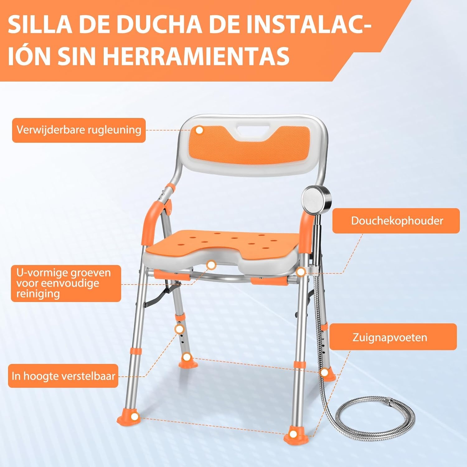 DEWEL Douchestoel Voor Ouderen, Opvouwbaar, In Hoogte Verstelbaar, Anti-Slip Douchestoel Voor Mindervaliden, Met Douchesteun, Montage Zonder Gereedschap, Belastbaar Tot 150 Kg (Oranje, Large)