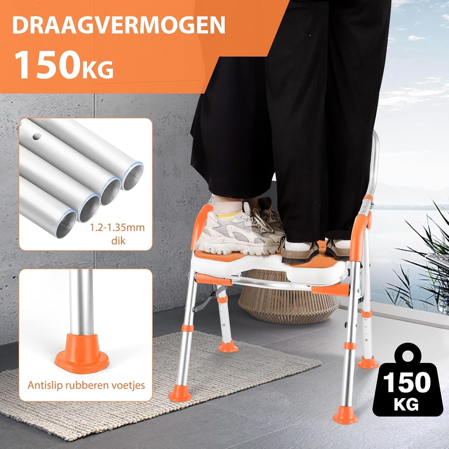 DEWEL Douchestoel Voor Ouderen, Opvouwbaar, In Hoogte Verstelbaar, Anti-Slip Douchestoel Voor Mindervaliden, Met Douchesteun, Montage Zonder Gereedschap, Belastbaar Tot 150 Kg (Oranje, Large)