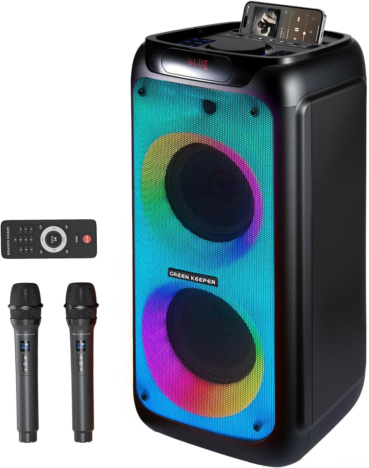 GKD80 Karaoke Machine Zwart - 600W Bluetooth Speaker met 2 Draadloze Microfoons en Dubbele 8 inch Subwoofer