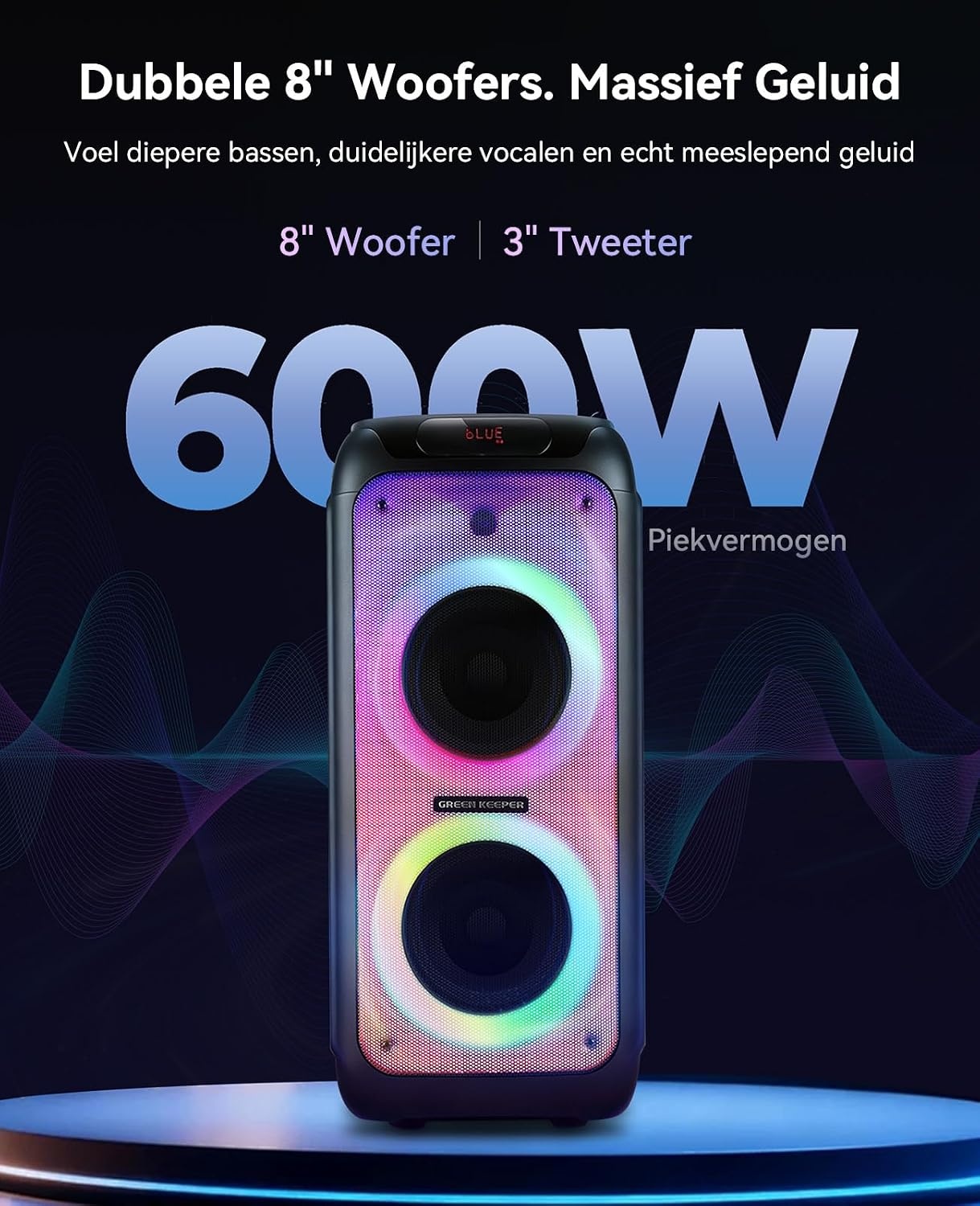 GKD80 Karaoke Machine Zwart - 600W Bluetooth Speaker met 2 Draadloze Microfoons en Dubbele 8 inch Subwoofer