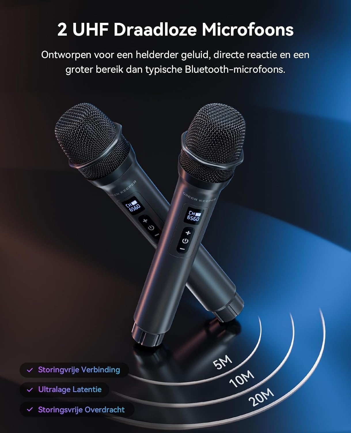 GKD80 Karaoke Machine Zwart - 600W Bluetooth Speaker met 2 Draadloze Microfoons en Dubbele 8 inch Subwoofer