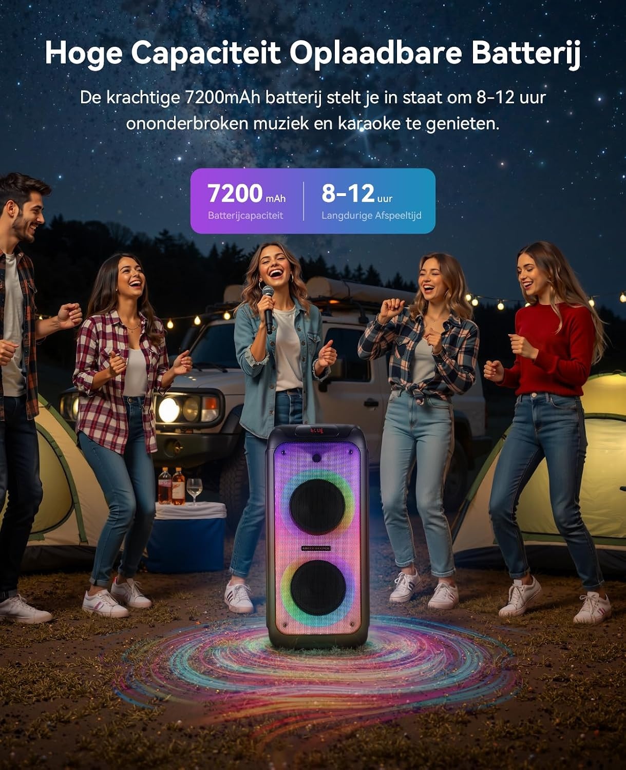 GKD80 Karaoke Machine Zwart - 600W Bluetooth Speaker met 2 Draadloze Microfoons en Dubbele 8 inch Subwoofer