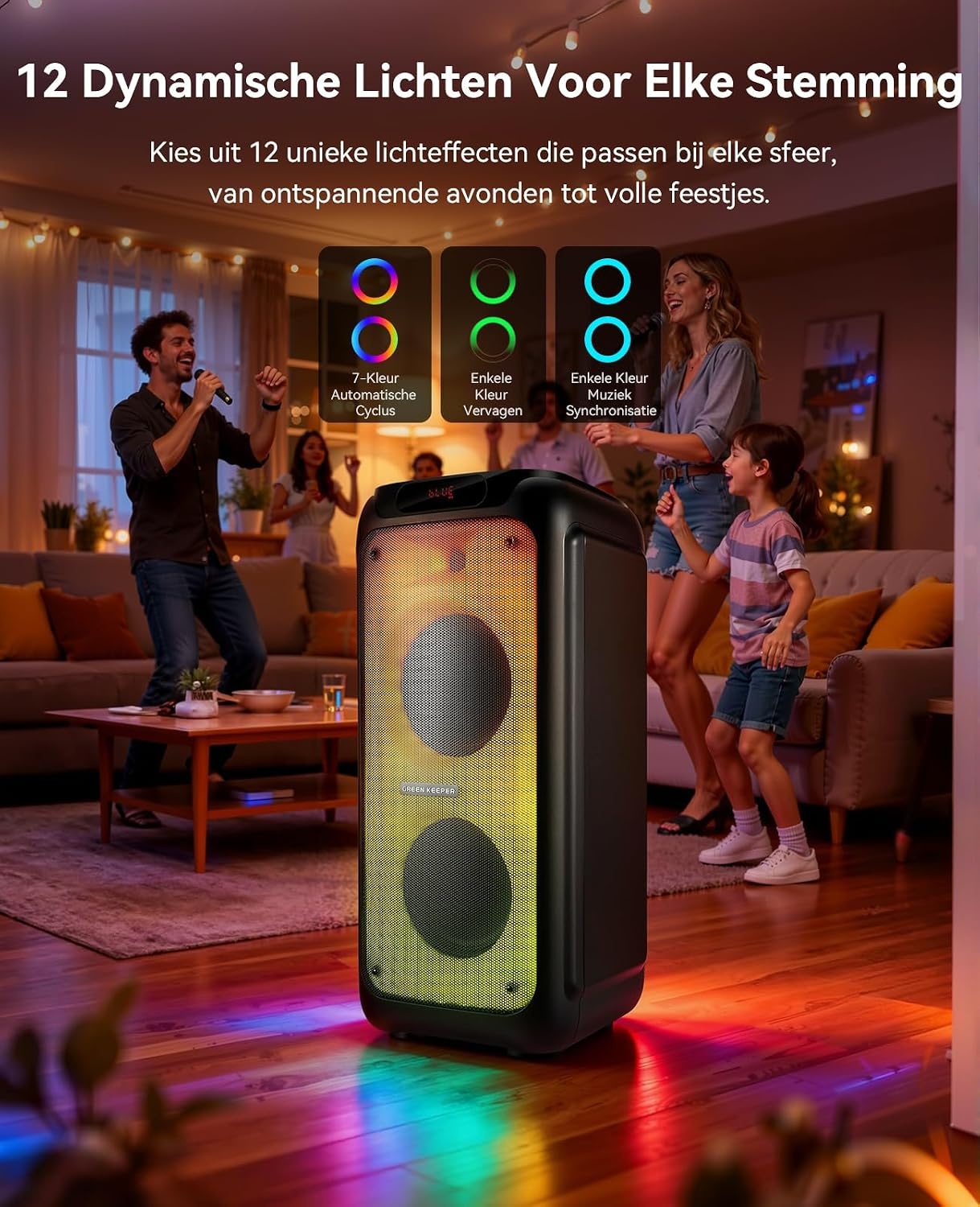 GKD80 Karaoke Machine Zwart - 600W Bluetooth Speaker met 2 Draadloze Microfoons en Dubbele 8 inch Subwoofer
