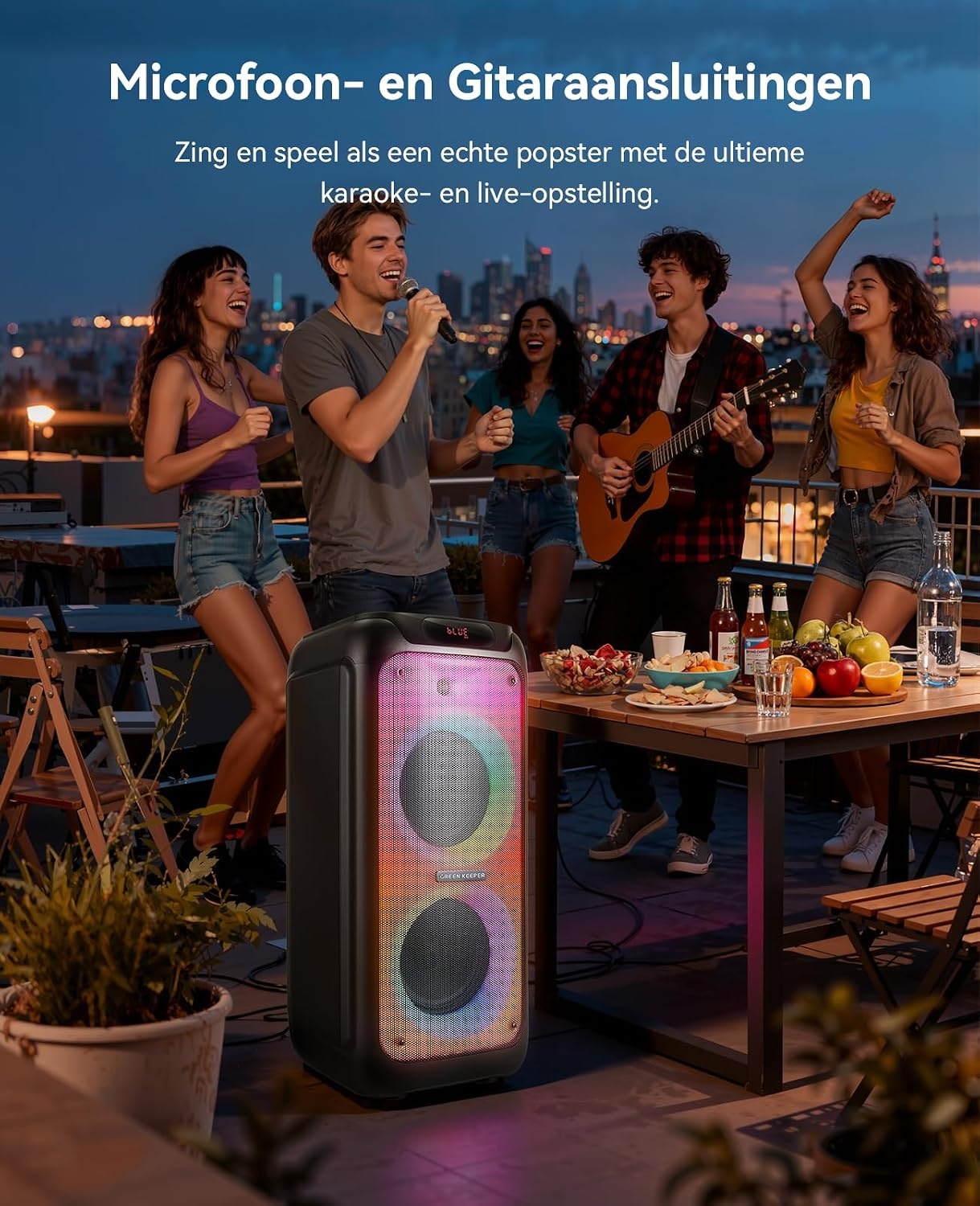 GKD80 Karaoke Machine Zwart - 600W Bluetooth Speaker met 2 Draadloze Microfoons en Dubbele 8 inch Subwoofer