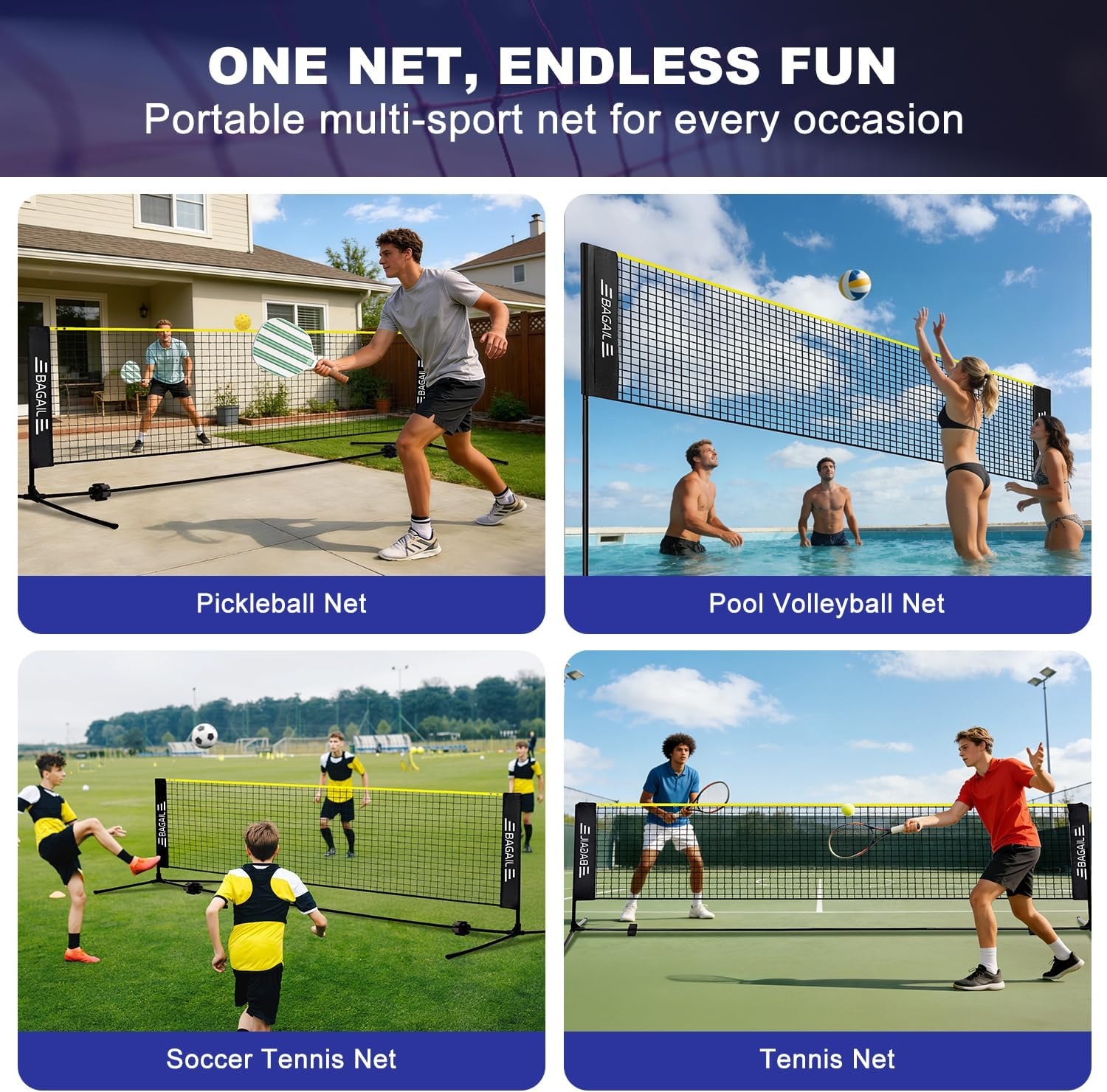BAGAIL Verstelbaar Sportnet 3m voor Badminton, Tennis en Volleybal