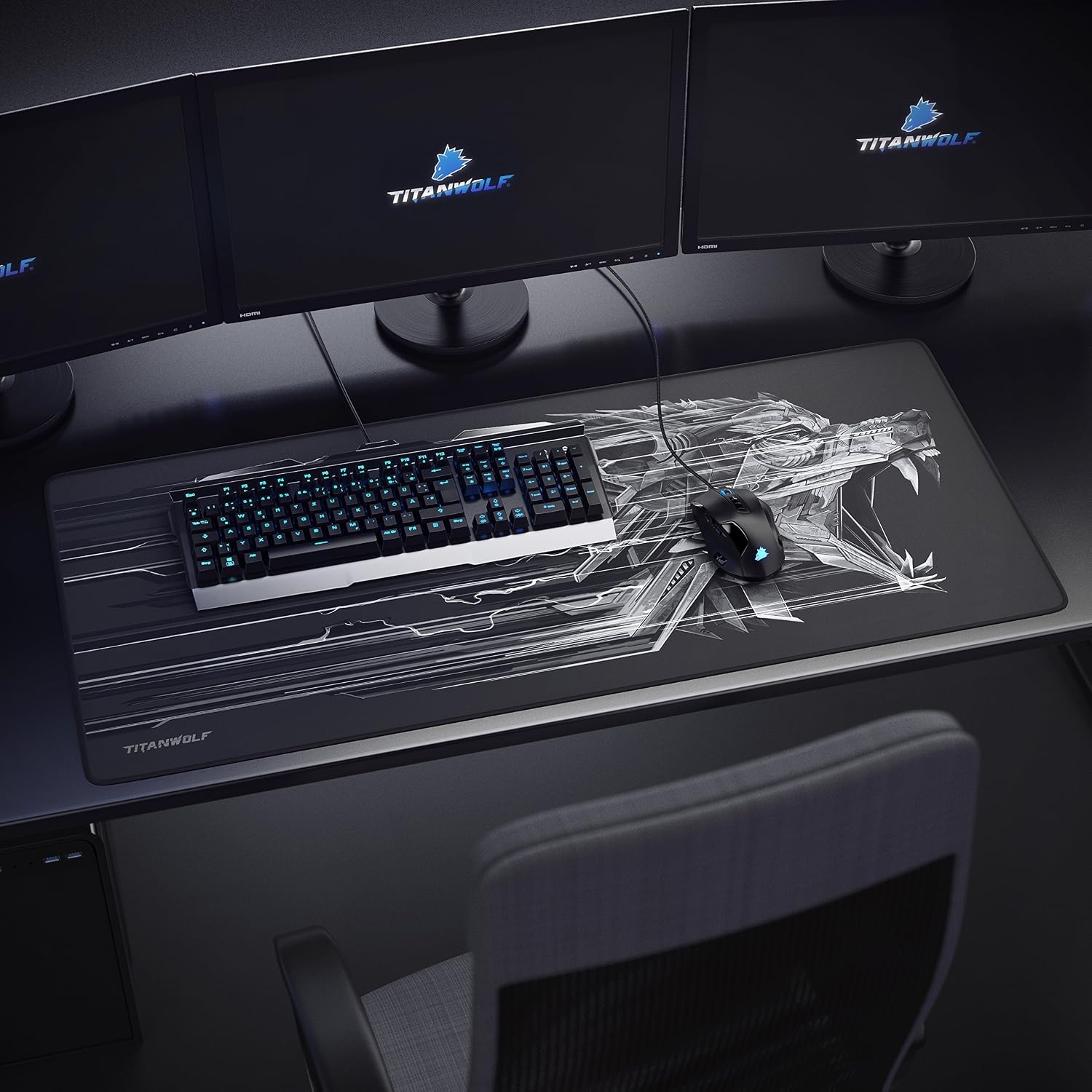 CSL-Computer Titanwolf XXL Speed Gaming-muismat, 900 x 400 mm, XXL muismat, onderlegger met Titanwolf-motief. Verbetert precisie en snelheid. Stabiele grip op gladde oppervlakken.