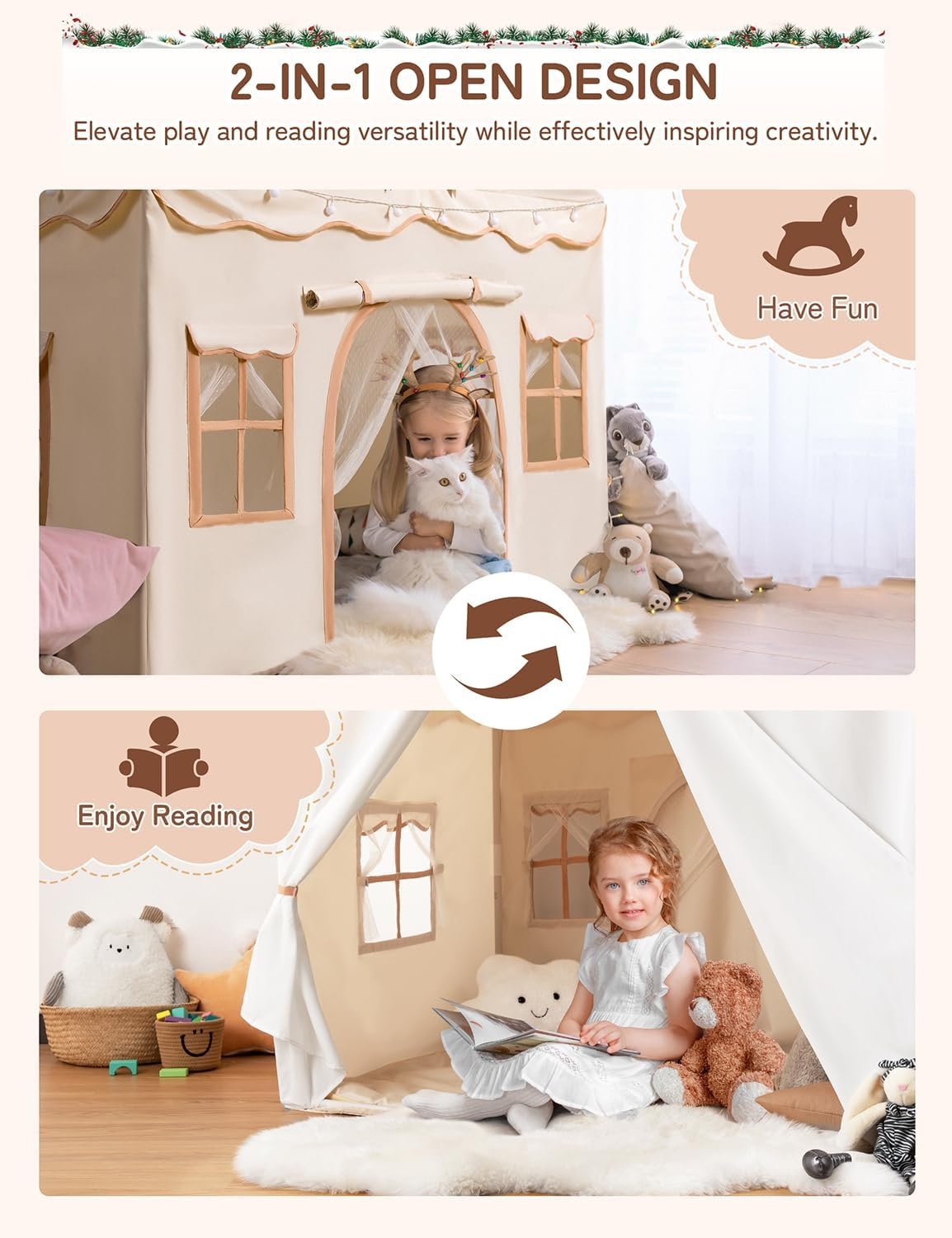 Besrey 2-in-1 Kindertent met Speelmat en Verlichting - Beige - 130x90x130 cm