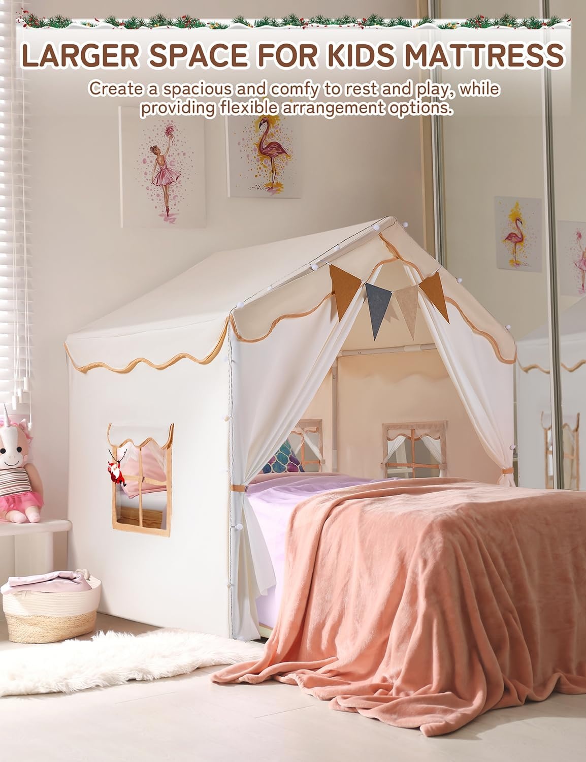 Besrey 2-in-1 Kindertent met Speelmat en Verlichting - Beige - 130x90x130 cm