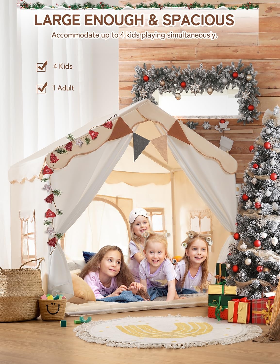 Besrey 2-in-1 Kindertent met Speelmat en Verlichting - Beige - 130x90x130 cm