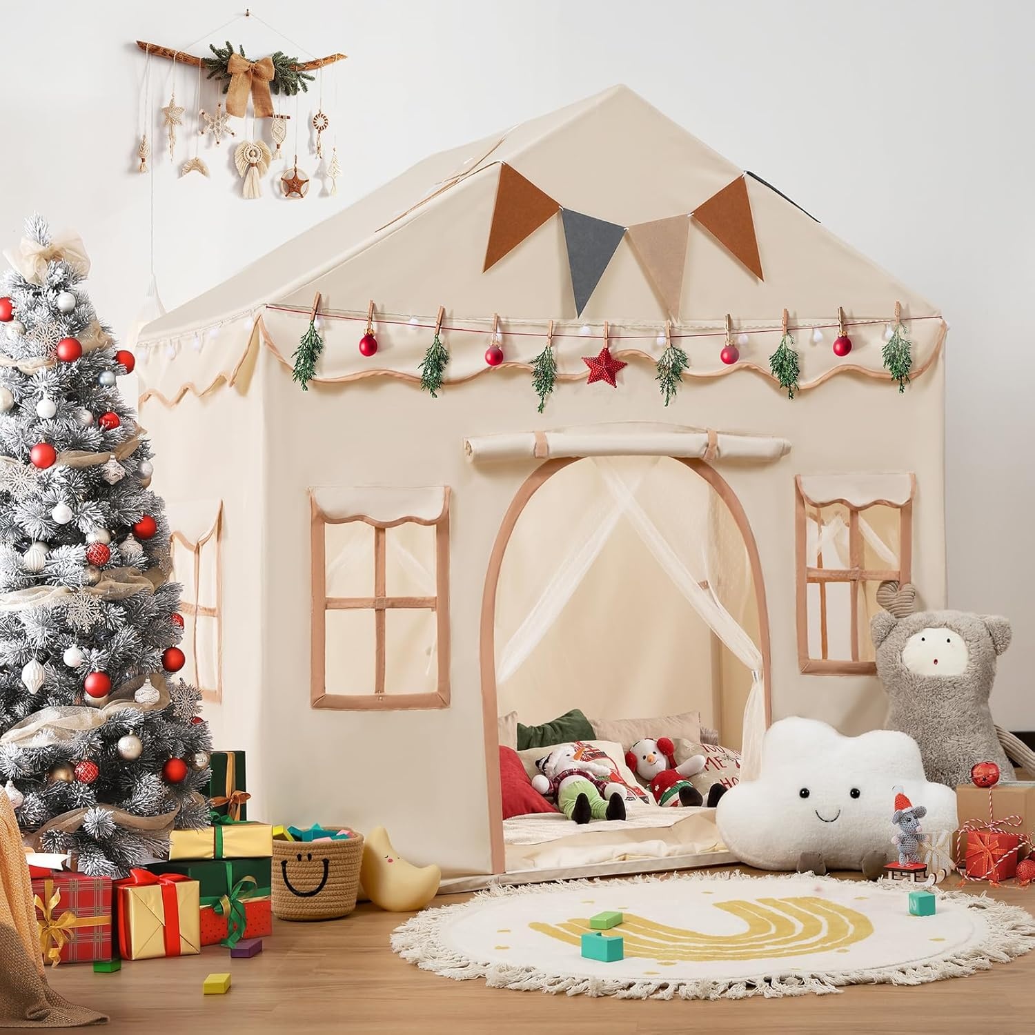 Kindertent 2-in-1 Speeltent & Bedtent Beige 3-4 Kinderen met Mat & Verlichting - 34% Korting