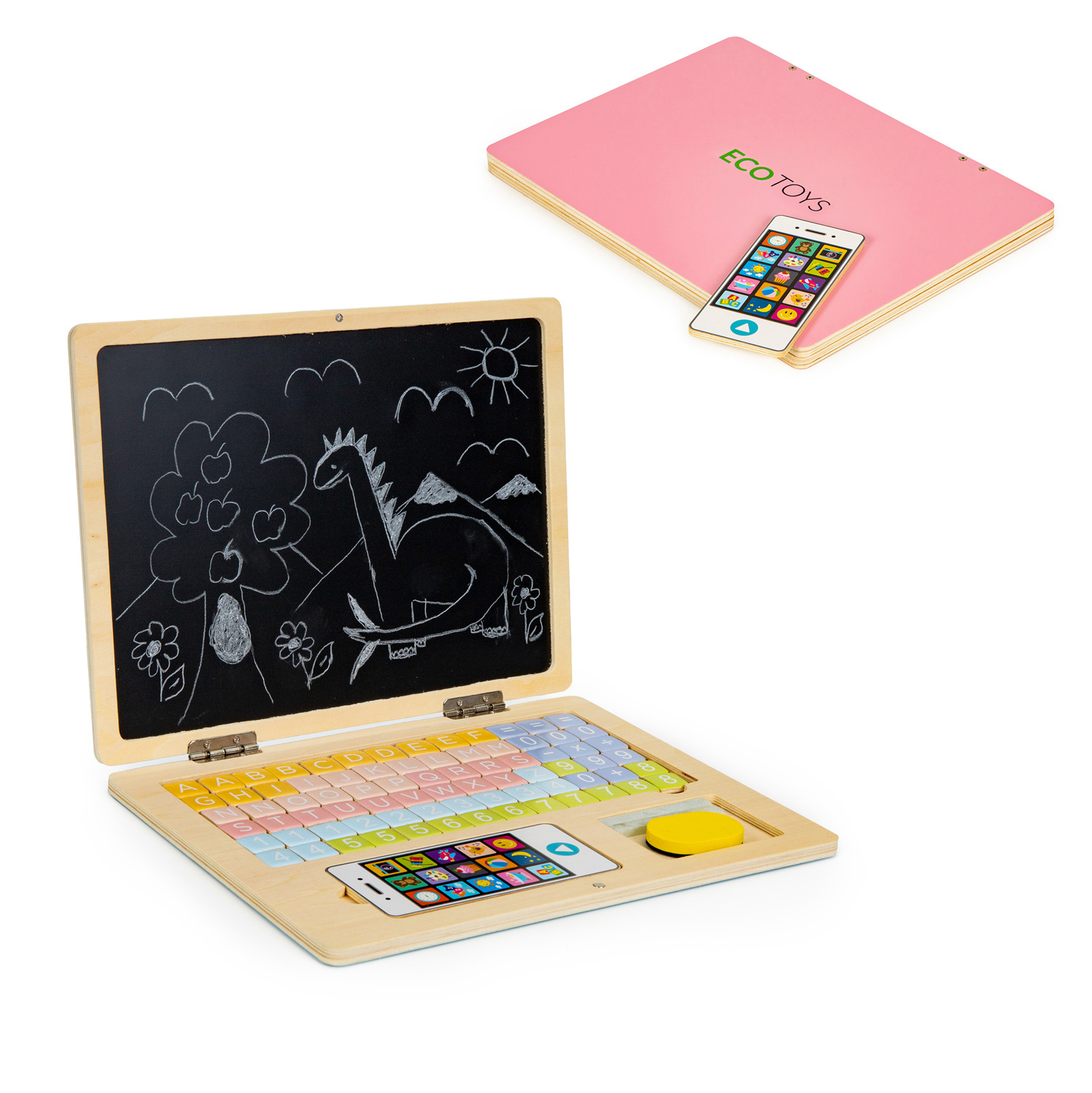 Educatieve Houten Laptop 2-in-1: Magneet- & Schoolbord met 78 Letters & Cijfers (Roze) - 48% Korting!